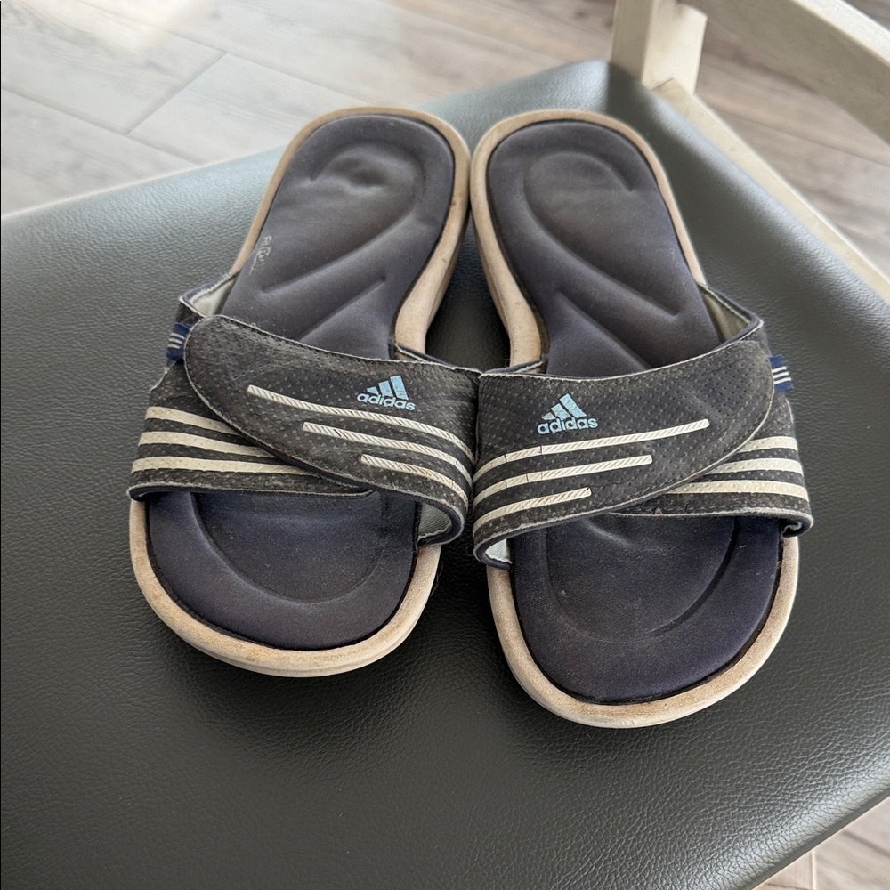 adidas Black Slides with Light Blue Logo and Cream Trim